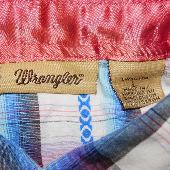 WRANGLER Womens L Pink Blue White Western Pearl Snap Shirt - Picture 2 of 14